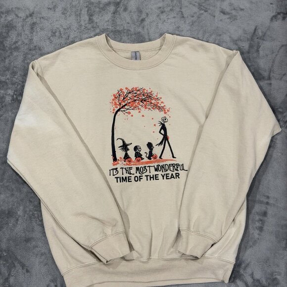 Nightmare Before Christmas Halloween Sweatshirt Gildan Sand M Holiday - Picture 1 of 5